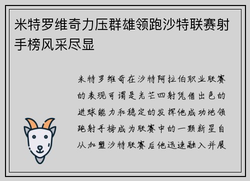 米特罗维奇力压群雄领跑沙特联赛射手榜风采尽显